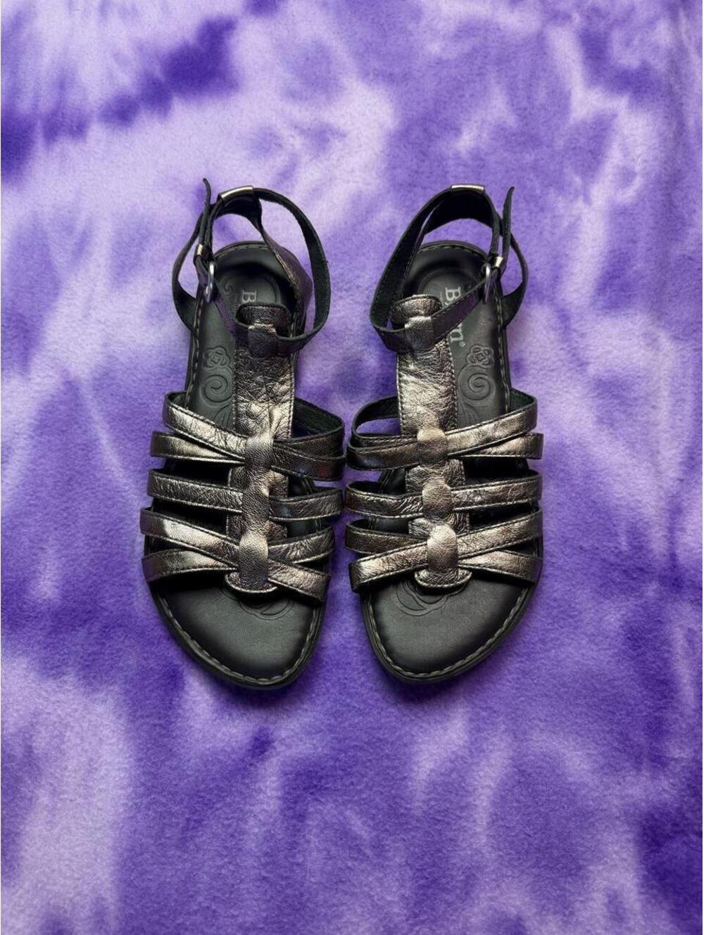 Born leather gladiator style sandals metallic pewter